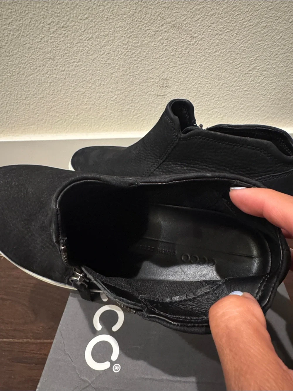 Ecco Black Suede Ankle Booties with White Sole